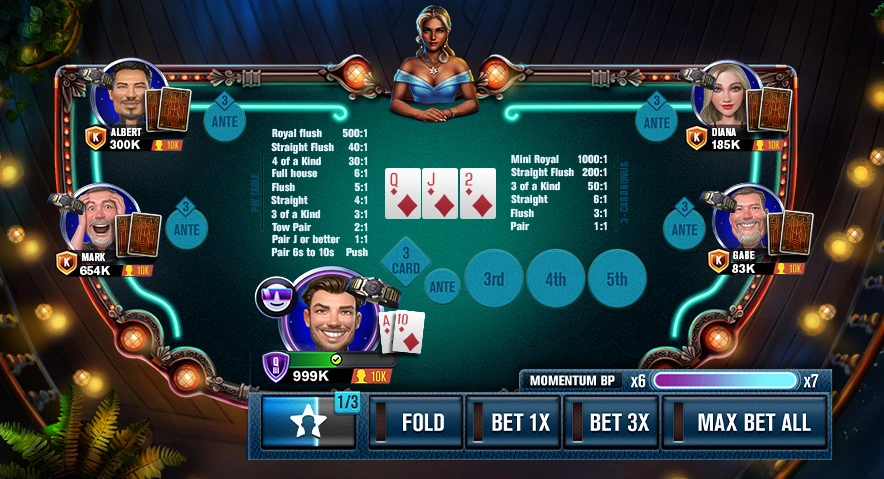 Mississippi Stud table showing player cards A♦ T♦ and community cards Q♦ J♦ 2♦, with active bets and payout table.