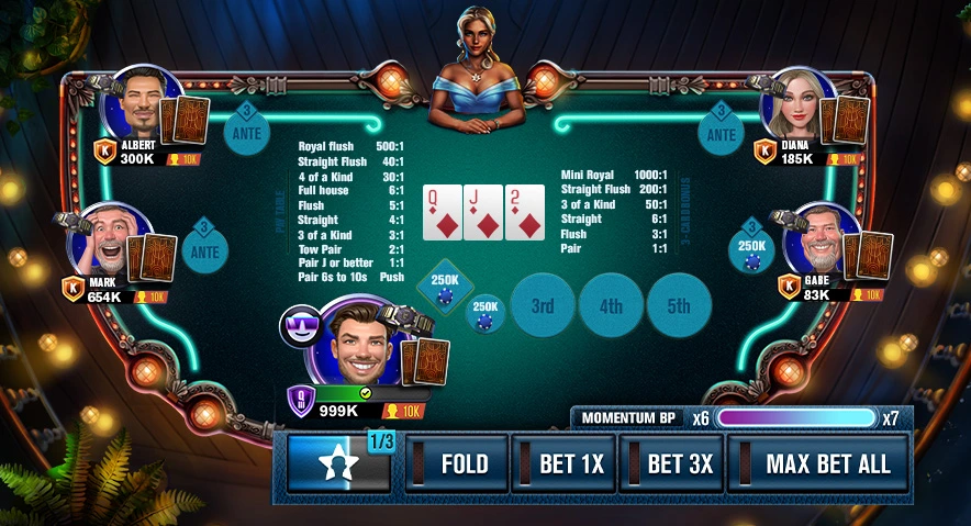 Mississippi Stud game with active 250k bets on 3rd Street round and Q♦ J♦ 2♦ on the table.